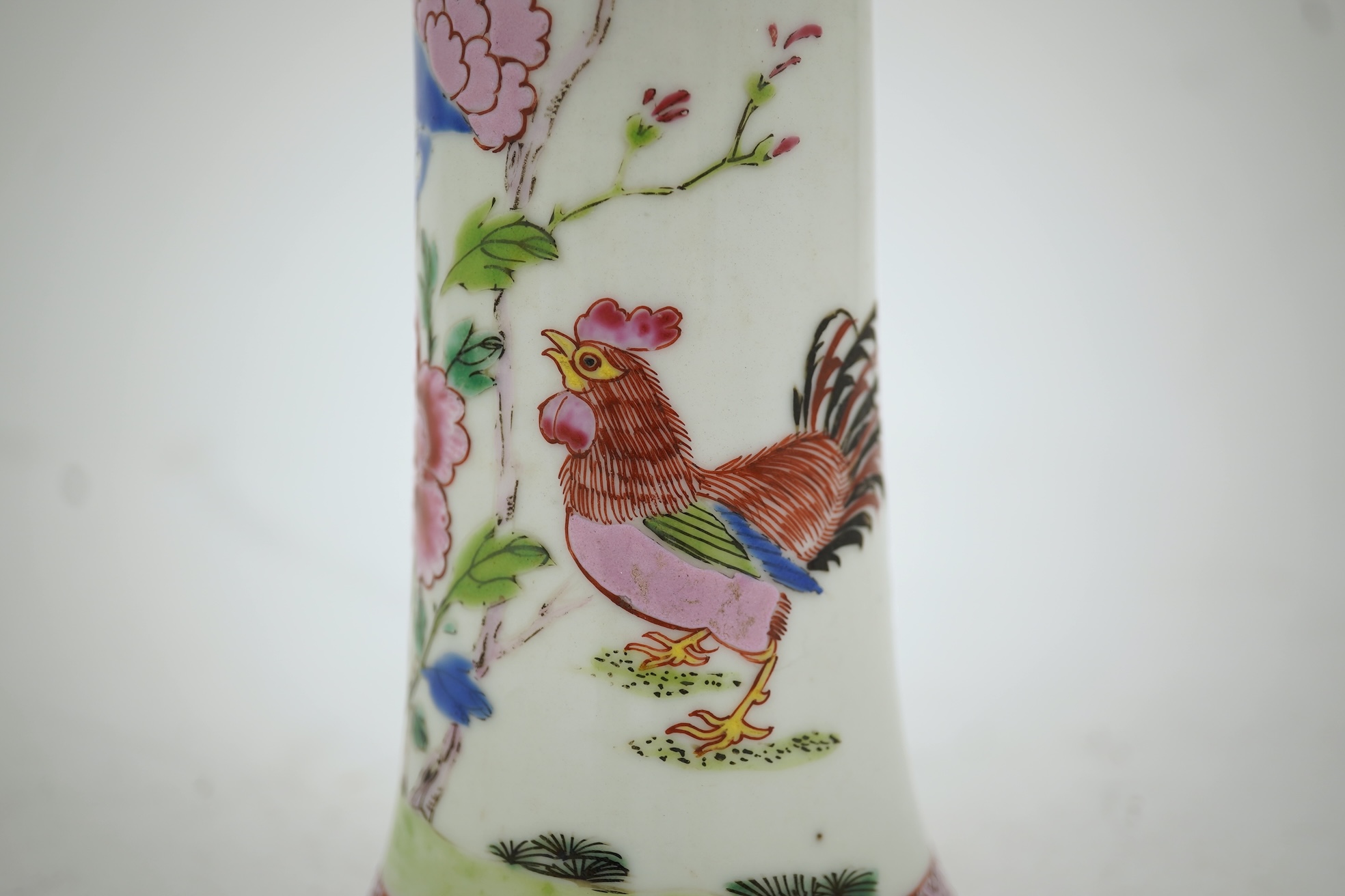 A Chinese famille rose ‘cockerel’ beaker vase, Qianlong period